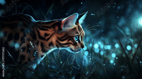 A sleek black cat sitting on a stone wall A sleek Bengal cat stalking through tall