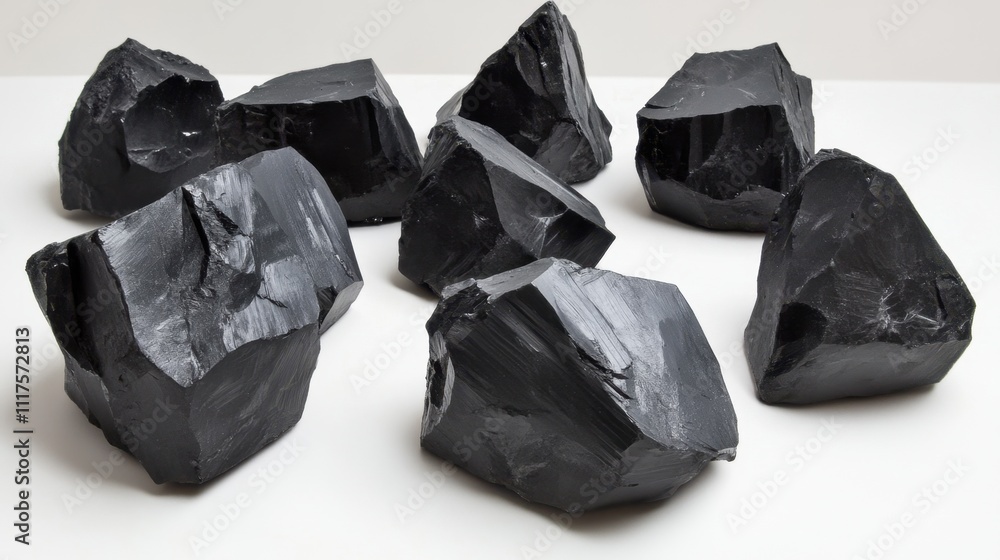 Naklejka premium Raw Black Obsidian Stones on White Background.