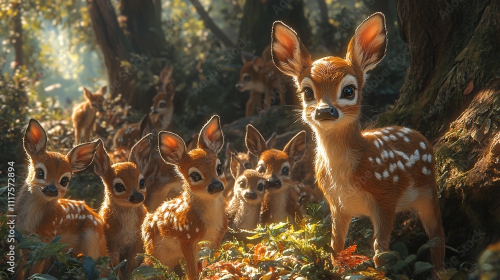 Fototapeta premium Group of Young Deer in a Lush Jungle Setting