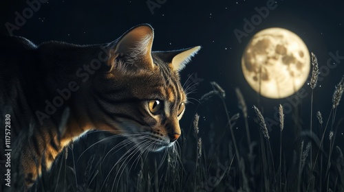 A sleek black cat sitting on a stone wall A sleek Bengal cat stalking through tall