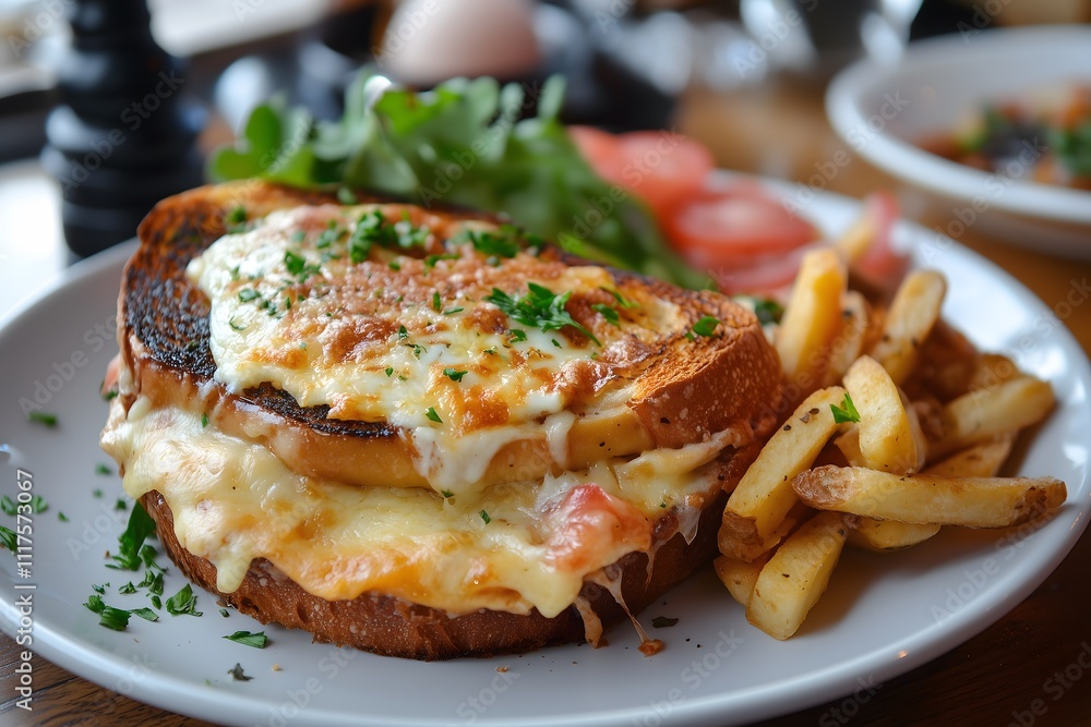 A delicious croque monsieur served with a side salad and french fries A delicious croque monsieur served with a side salad and french fries