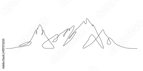 Simple One Continuous Art Line of a Mountain Outline Silhouette. Trendy scenic mounts, wall art background. Black and white landscape design for fabric, prints, and wall art. Simple line drawing of