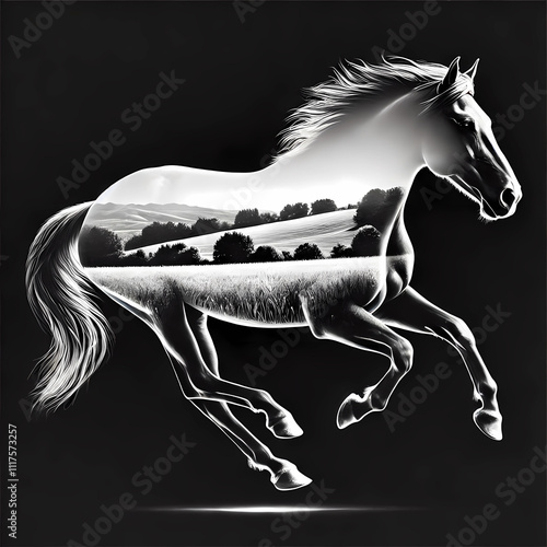 Elegant Horse with Double Exposure Landscape Design for Slate Engraving