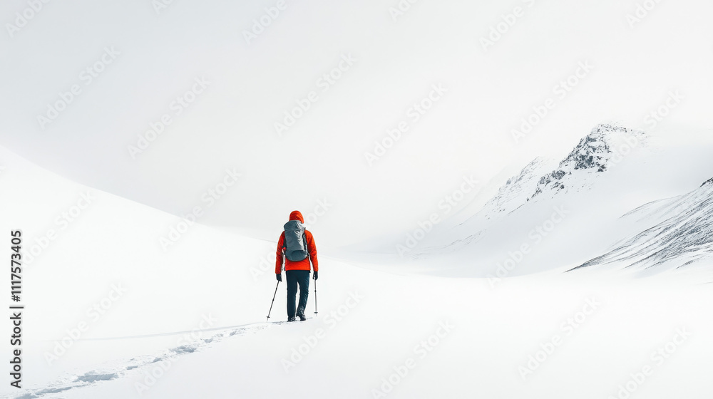 A solitary hiker in a red jacket traverses a vast, snow-covered landscape under an overcast sky, surrounded by pristine white snow and distant mountains. A solitary hiker in a red jacket traverses a vast, snow-covered landscape under an overcast sky, surrounded by pristine white snow and distant mountains.