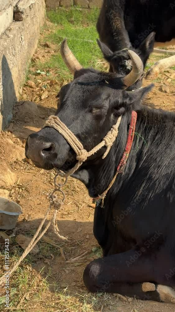Black cow eating and Ruminating in the sun. Black cow eating and staring at the camera. Black cow sitting and eating white tied to a wall. Black cow eating and Ruminating in the sun. Black cow eating and staring at the camera. Black cow sitting and eating white tied to a wall.