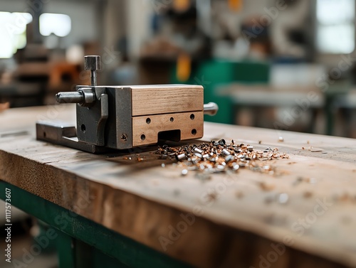 A heavyduty bench vise mounted on a sturdy wooden workbench, surrounded by metal shavings photo