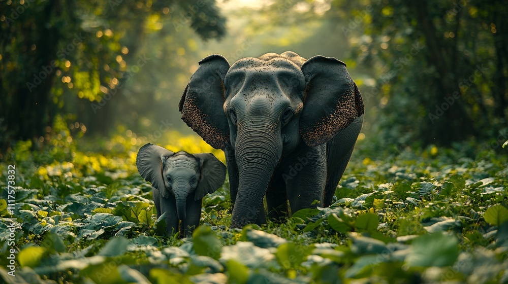 Fototapeta premium Mother Elephant Embracing Baby in Lush Forest