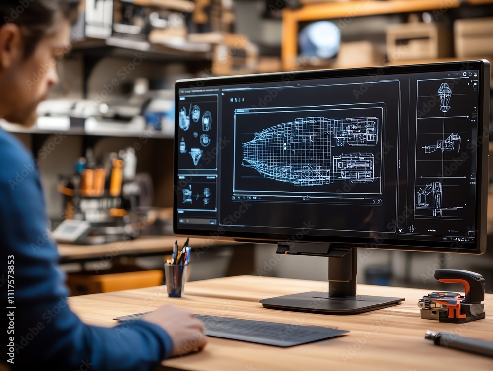 A holographic blueprint projector integrated into a workbench, displaying 3D designs for reference A holographic blueprint projector integrated into a workbench, displaying 3D designs for reference