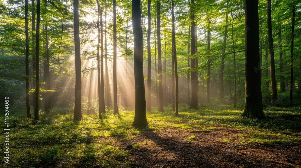 Sunbeams Illuminate Misty Morning Forest Scene Sunbeams Illuminate Misty Morning Forest Scene