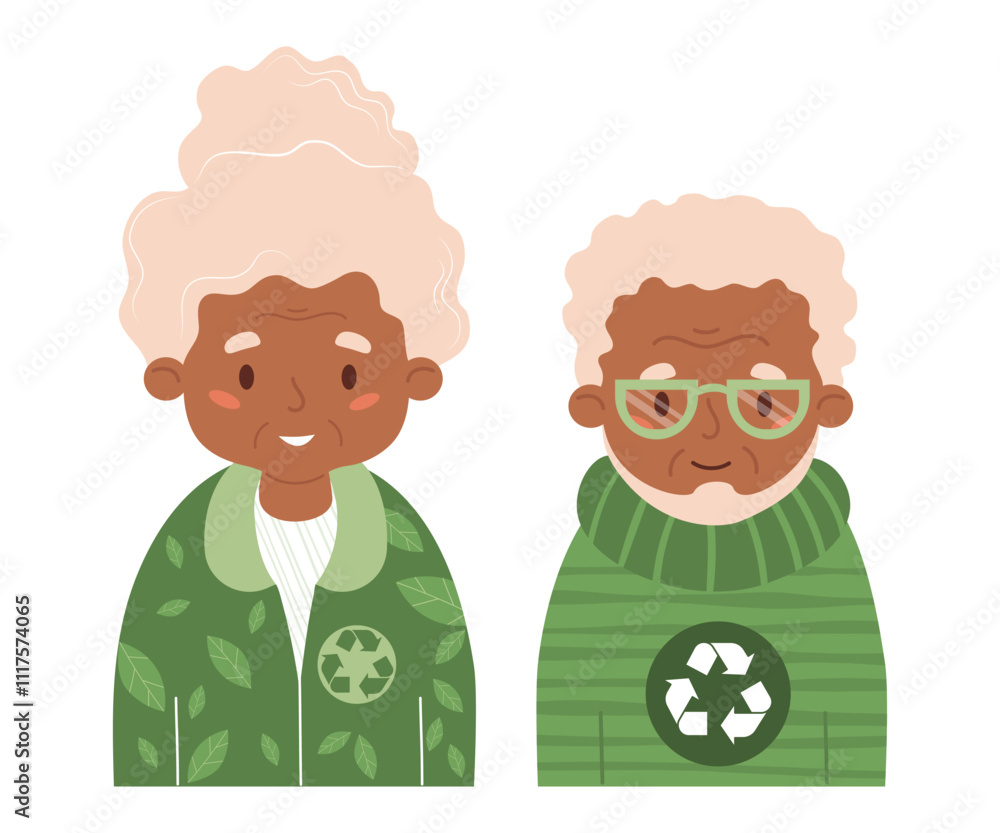 Happy elderly. Stylish old woman and man in fashionable clothes from recycling textile. Eco friendly clothing sustainable fashion and ecology lifestyle. Vector Isolated pensioner character on white Happy elderly. Stylish old woman and man in fashionable clothes from recycling textile. Eco friendly clothing sustainable fashion and ecology lifestyle. Vector Isolated pensioner character on white