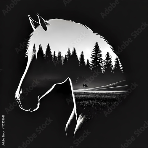 Elegant Horse with Double Exposure Landscape Design for Slate Engraving