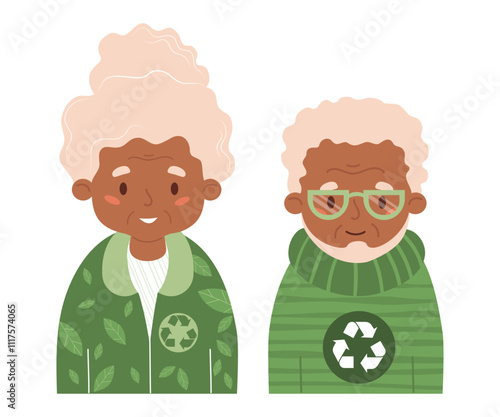 Happy elderly. Stylish old woman and man in fashionable clothes from recycling textile. Eco friendly clothing sustainable fashion and ecology lifestyle. Vector Isolated pensioner character on white