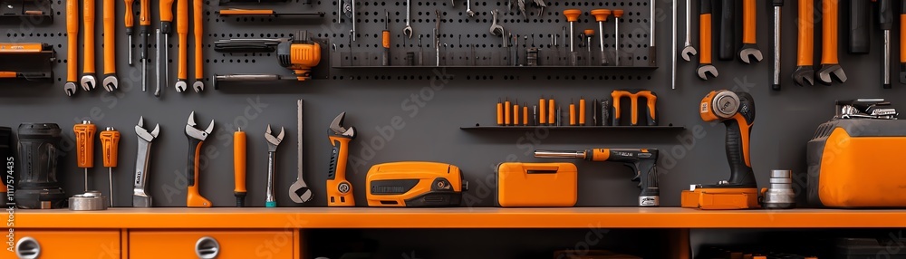 A lockable metal cabinet containing power tools, neatly arranged A lockable metal cabinet containing power tools, neatly arranged