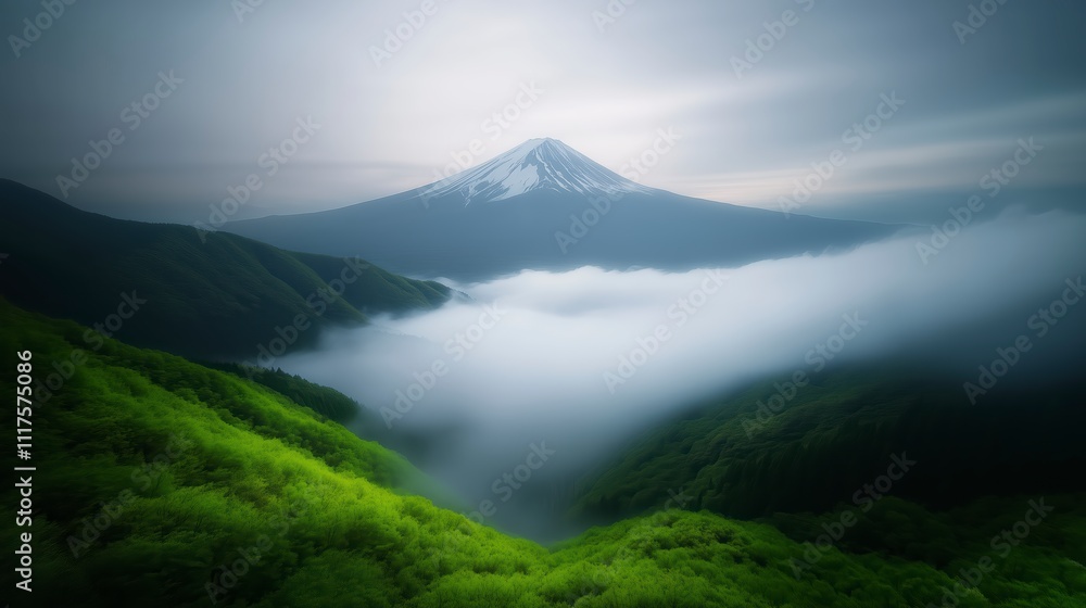 Mount Fuji Surrounded by Mystical Fog and Lush Greenery Mount Fuji Surrounded by Mystical Fog and Lush Greenery