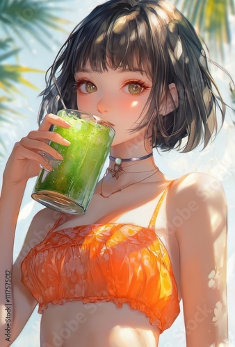 Beautiful anime girl with short hair in an orange top drinks green juice from a glass