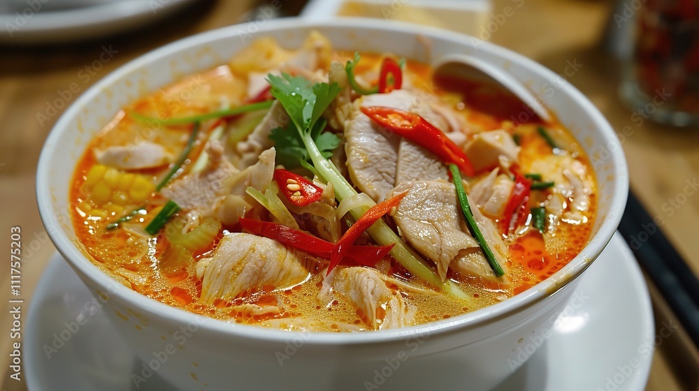 Chicken, Corn, Red and White Soup, Hearty and Flavorful Blend, a Comforting Bowl of Goodness Chicken, Corn, Red and White Soup, Hearty and Flavorful Blend, a Comforting Bowl of Goodness