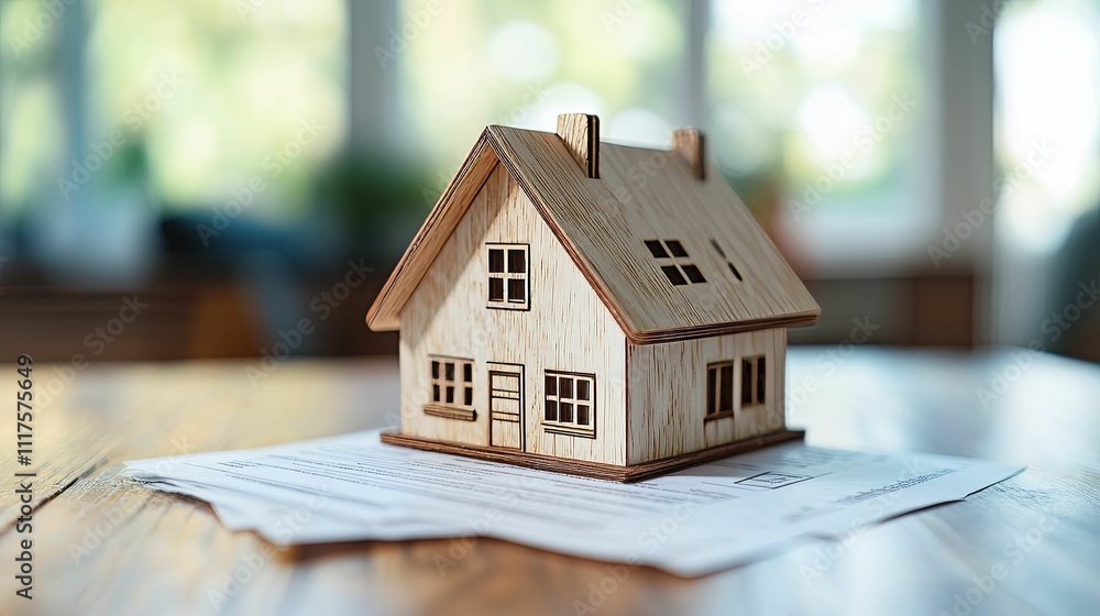 Wooden House Model Resting On Paper Documents Wooden House Model Resting On Paper Documents