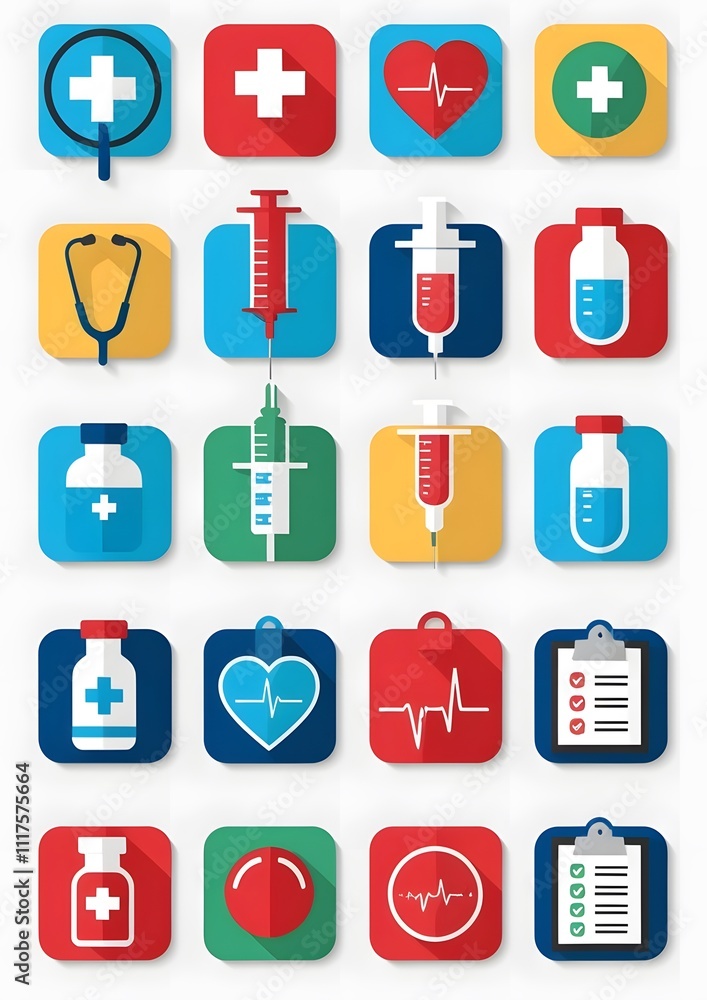 Collection of Medical and Healthcare Icons: Flat Design App Symbols for Clinic, Hospital, and Doctor's Office Websites Collection of Medical and Healthcare Icons: Flat Design App Symbols for Clinic, Hospital, and Doctor's Office Websites