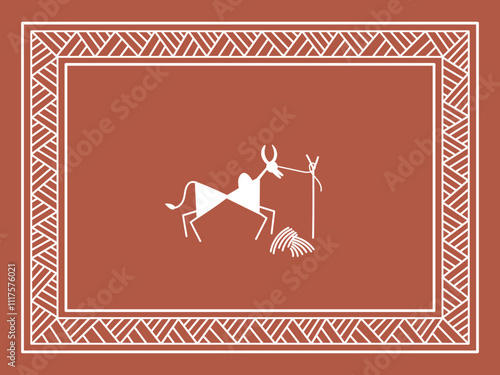 Farm animal - bull, tied near hay. Vector minimalistic illustration in traditional rural Indian style. Sora art of idittals or warli painting.