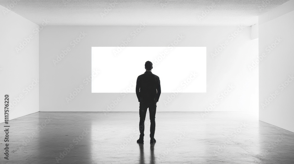 Silhouette of a person standing in a minimalistic gallery, observing a brightly lit, large rectangular display in an empty white room. Silhouette of a person standing in a minimalistic gallery, observing a brightly lit, large rectangular display in an empty white room.
