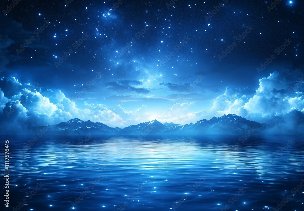 A serene night scene with a tranquil sea level and a stunning starry sky, set against a minimalist background with plenty of white space for a peaceful atmosphere. A serene night scene with a tranquil sea level and a stunning starry sky, set against a minimalist background with plenty of white space for a peaceful atmosphere.
