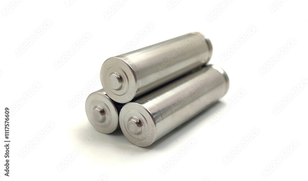 Photo of three batteries stacked in a triangular formation, isolated on white background. Photo of three batteries stacked in a triangular formation, isolated on white background.