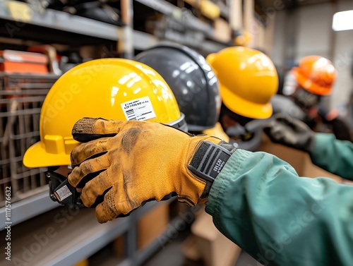 A rack of safety gear, including helmets, gloves, and goggles, in a workshop photo