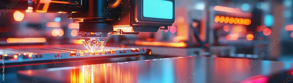 A robotic welding station joining metal frames with precise movements A robotic welding station joining metal frames with precise movements