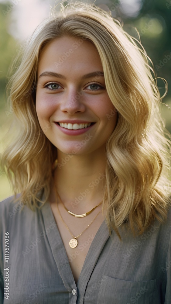 Portrait of Style and Charm: The Captivating Smile of a Blonde Woman Under the Sunlight Portrait of Style and Charm: The Captivating Smile of a Blonde Woman Under the Sunlight