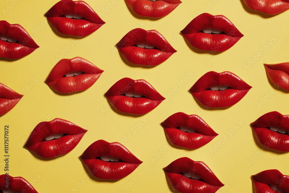 Many red lips arranged in a repeating pattern on a yellow background Many red lips arranged in a repeating pattern on a yellow background