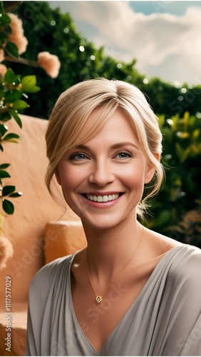 Portrait of Style and Charm: The Captivating Smile of a Blonde Woman Under the Sunlight