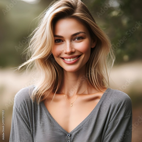 Portrait of Style and Charm: The Captivating Smile of a Blonde Woman Under the Sunlight