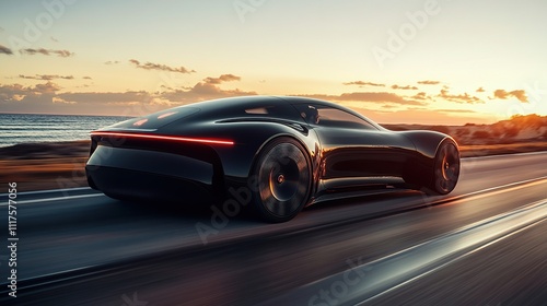 A sleek, futuristic car driving along a coastal road at sunset.