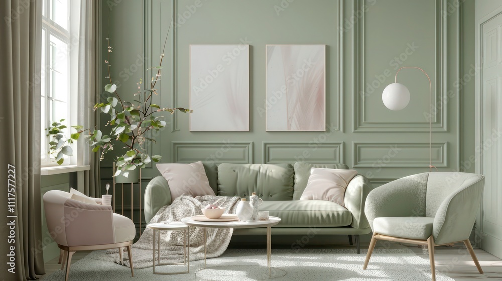 Trendy living room with sage green walls, blush pink decor elements, and clean lines, capturing serene elegance Trendy living room with sage green walls, blush pink decor elements, and clean lines, capturing serene elegance