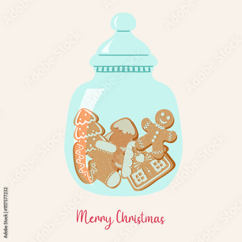 Glass cookies jar with Christmas Gingerbread biscuit. Holiday pastry in shape of tree, house, man cane inside jar. Vector festive illustration.