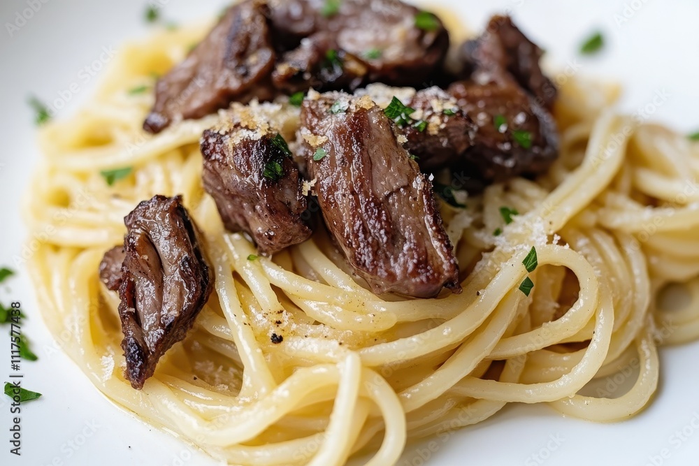 A plate of spaghetti topped with tender beef pieces and garnished with herbs. A plate of spaghetti topped with tender beef pieces and garnished with herbs.