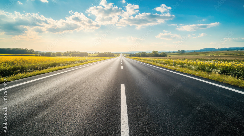Naklejka premium Long empty road stretches through picturesque countryside, flanked by vibrant green fields under a bright blue sky with scattered clouds.