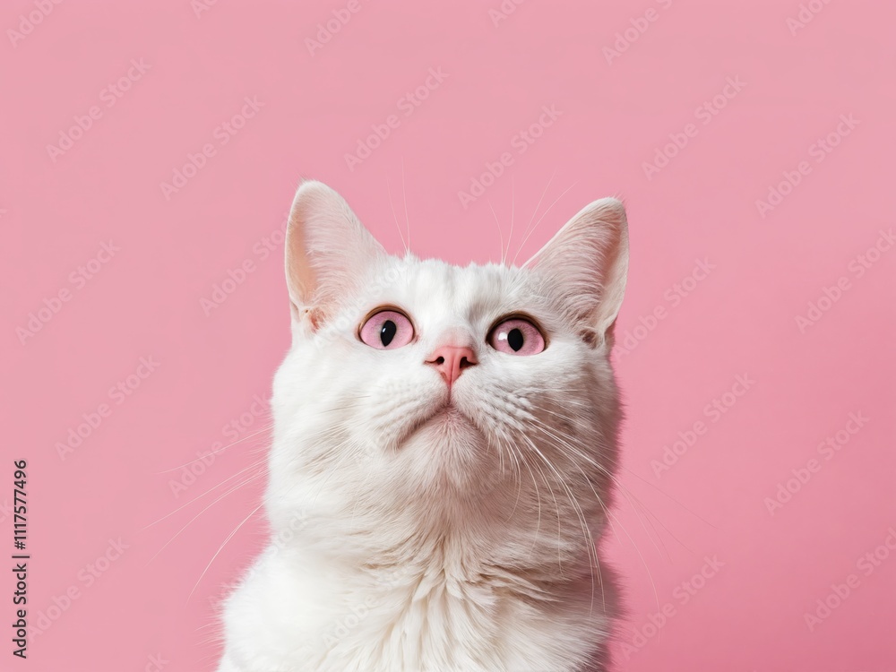 White cat looking up against pink background White cat looking up against pink background