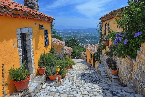 Cobblestone street in a small village in the mountains. photo