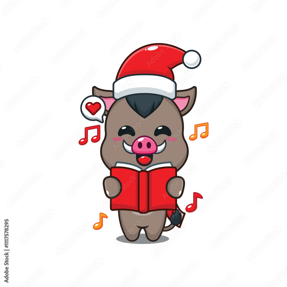 Cute boar sing a christmas song. Cartoon vector illustration in Christmas day. Cute boar sing a christmas song. Cartoon vector illustration in Christmas day.