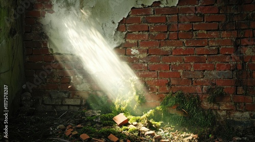 An ethereal white light ruptures through a moss-covered red brick wall, scattering aged bricks. photo