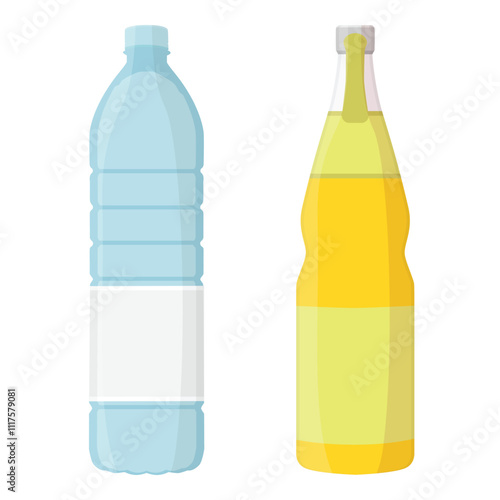 Set of beverages plastic bottles fresh water and orange juice