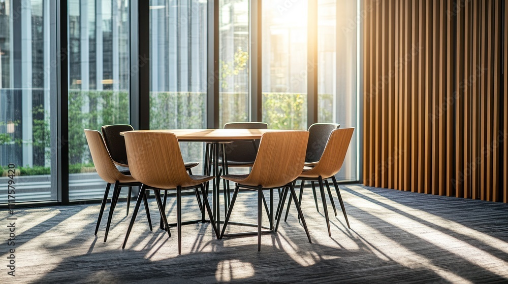 Modern wooden chairs surround a round table by a window Modern wooden chairs surround a round table by a window