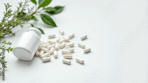 White surface with spilled white magnesium capsules near a whole bottle of supplements. photo