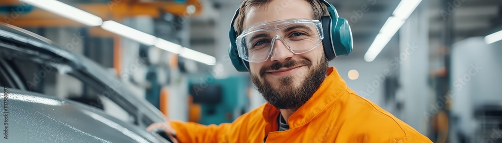 An industrial spray painting booth with a worker applying glossy paint to a car hood An industrial spray painting booth with a worker applying glossy paint to a car hood