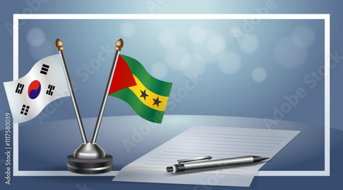South Korea and Sao Tome and Principe Small national flag on bokeh background, cooperative relationship