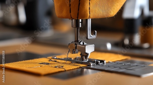 An industrial sewing machine stitching heavyduty fabric in a textile workshop photo