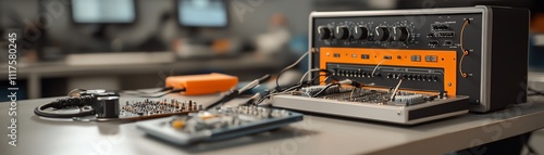 An oscilloscope on a workbench, with test probes connected to circuits photo