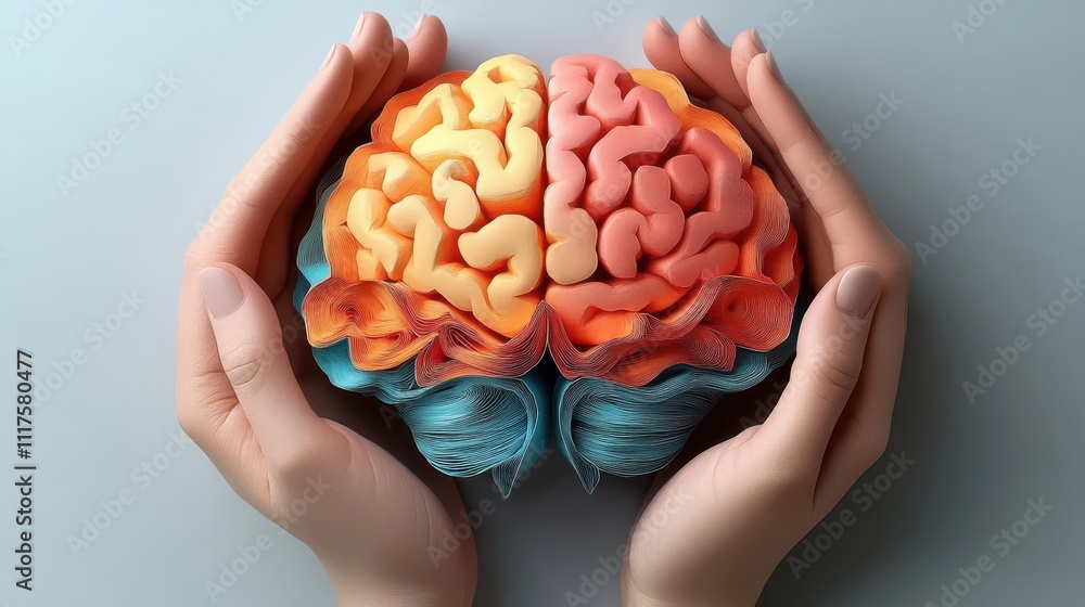 Obraz premium Craft a 3D paper cutout portraying nurturing hands enveloping a vibrant brain, exuding warmth