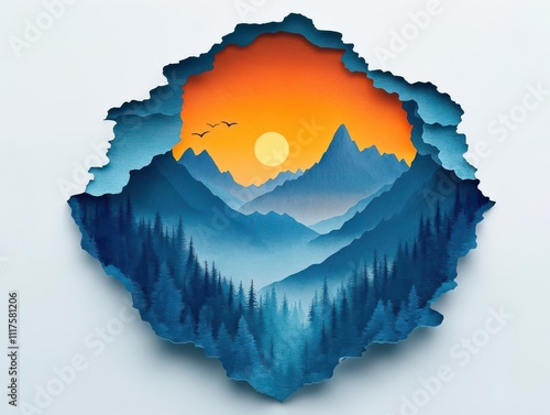 Craft a peaceful mountain scene within a human silhouette Inspire serenity in 3D layers photo